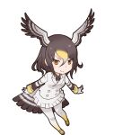  1girl animal_ears bird_ears bird_girl bird_tail bird_wings black_hair closed_mouth gloves highres jacket kemono_friends looking_at_viewer necktie northern_goshawk_(kemono_friends) official_art pantyhose red_eyes shirt shoes short_hair skirt solo tail transparent_background wings yoshizaki_mine 