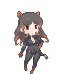  1girl animal_ears black_eyes black_hair breasts cleavage extra_ears gloves highres hippopotamus_(kemono_friends) hippopotamus_ears kemono_friends large_breasts leather_suit long_hair looking_at_viewer multicolored_hair official_art open_mouth red_hair solo transparent_background yoshizaki_mine zipper 