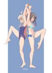  2girls ahoge armpits arms_up barefoot bikini black_hair blue_bikini breasts feet grey_hair highres holding_hands interlocked_fingers large_breasts leg_up long_hair looking_at_viewer multiple_girls onii-chan_wa_oshimai open_mouth oyama_mahiro oyama_mihari purple_hair school_swimsuit siblings sisters standing standing_on_one_leg swimsuit tilt-shift_(azalanz) twintails two-tone_background white_background yellow_eyes 