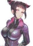  1girl artist_name bangs black_bodysuit black_hair bodysuit breasts chamame closed_mouth greyscale hair_ornament han_juri highres looking_at_viewer monochrome pink_eyes simple_background solo street_fighter street_fighter_v upper_body white_background zipper 