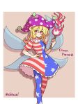  1girl american_flag american_flag_dress american_flag_legwear american_flag_shirt clownpiece dress fairy_wings hat highres holding holding_torch jester_cap neck_ruff pantyhose polka_dot polka_dot_headwear polos_crown puffy_sleeves purple_headwear shitacemayo solo star_(symbol) star_print striped striped_dress striped_pantyhose torch touhou transparent_wings wings 