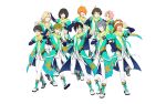  6+boys ahoge akiyama_hayato akizuki_ryo bangs black_eyes black_hair blonde_hair boots detached_sleeves f-lags_(idolmaster) fingernails full_body fuyumi_jun glasses green_eyes green_hair grey_hair hair_between_eyes hairband hand_on_own_chest high_x_joker_(idolmaster) highres idolmaster idolmaster_side-m idolmaster_side-m_growing_stars kabuto_daigo male_focus multiple_boys official_alternate_costume official_art one_eye_closed orange_hair pants pink_hair ribbon sakaki_natsuki teeth transparent_background tsukumo_kazuki upper_teeth_only v wakazato_haruna white_pants 