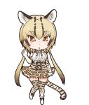  1girl animal_ear_fluff animal_ears belt bow bowtie cat_ears cat_girl cat_tail elbow_gloves extra_ears gloves grey_hair highres kemono_friends long_hair looking_at_viewer ocelot_(kemono_friends) official_art open_mouth red_eyes shirt shoes skirt sleeveless sleeveless_shirt socks solo tail thighhighs transparent_background twintails yoshizaki_mine 