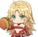  1girl :3 blonde_hair breasts burger fate/apocrypha fate_(series) food green_eyes hair_down highres holding juliet_sleeves long_hair long_sleeves looking_at_viewer mordred_(fate) mordred_(fate/apocrypha) navel pelvic_curtain puffy_sleeves saliva simple_background small_breasts smile solo strapless tonee tube_top very_long_hair white_background 