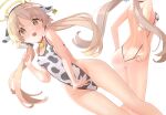  1girl absurdres animal_ears animal_print ass backless_swimsuit bangs bare_arms bare_back bare_shoulders bell black_hairband blue_archive breasts brown_eyes brown_hair collarbone commentary_request cow_ears cow_horns cow_print dutch_angle fake_animal_ears fake_horns hairband halo hifumi_(blue_archive) highres horns long_hair low_twintails medium_breasts multiple_views neck_bell nomio one-piece_swimsuit parted_bangs print_swimsuit simple_background swimsuit twintails very_long_hair white_background 