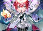  1boy absurdres black_eyes black_gloves cape clock clock_over_orquesta finger_to_mouth fuwa_tokihito gloves highres looking_at_viewer male_focus mura_karuki official_art red_hair roman_numeral shushing sky smile solo star_(sky) starry_sky teeth 