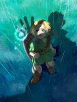  1boy bangs blonde_hair blue_eyes boots brown_footwear fairy feet_out_of_frame from_above full_body ganondorf grass green_headwear green_tunic hat highres link looking_at_viewer looking_up navi oim8n outdoors parted_bangs parted_lips rain shadow shield standing the_legend_of_zelda the_legend_of_zelda:_ocarina_of_time young_link 