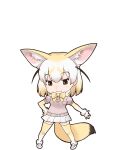  1girl animal_ears black_eyes blonde_hair bow bowtie closed_mouth elbow_gloves extra_ears fennec_(kemono_friends) gloves highres kemono_friends kneehighs looking_at_viewer official_art pink_sweater shoes short_hair skirt socks solo sweater tail transparent_background yoshizaki_mine 