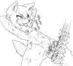  andromorph anthro canid clitoris clitoris_piercing club_(weapon) facial_piercing genital_piercing genital_torture genitals hi_res intersex kiukiu line_art mammal mastectomy_scar melee_weapon nipple_piercing nipples nose_piercing piercing pussy_torture scar solo visibly_trans weapon 