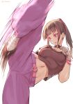  1girl :d bangs belt black_hair black_shirt bracelet breasts chamame choker earrings han_juri hand_wraps highres jewelry kicking motion_lines navel navel_piercing open_mouth pants piercing pink_eyes pink_pants ponytail shirt short_sleeves simple_background smile solo spiked_choker spikes standing standing_on_one_leg street_fighter street_fighter_v white_background 