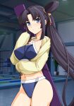  1girl bangs bare_shoulders between_breasts bikini black_hair blue_bikini blue_eyes breasts closed_mouth collarbone commentary contrapposto fate/grand_order fate_(series) forehead hair_bun hair_ornament haruhisky highres indoors light_blush long_hair looking_at_viewer medium_breasts navel official_alternate_costume parted_bangs plant pool potted_plant side_ponytail single_hair_bun sleeves_past_wrists solo standing sweatdrop swimsuit ushiwakamaru_(fate) ushiwakamaru_(swimsuit_assassin)_(fate) ushiwakamaru_(swimsuit_assassin)_(first_ascension)_(fate) v-shaped_eyebrows very_long_hair weapon weapon_on_back 