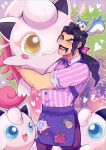  1boy :d apron arm_hair black_hair character_print closed_eyes collared_shirt commentary_request happy heart highres holding holding_pokemon jigglypuff long_hair male_focus mikku_(micpbwpicture) open_mouth pachirisu pants pink_shirt pokemon pokemon_(creature) pokemon_(game) pokemon_sv purple_apron purple_pants saguaro_(pokemon) scream_tail shirt smile striped striped_shirt teeth thick_eyebrows tongue upper_teeth_only vertical-striped_shirt vertical_stripes waist_apron 