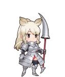  1girl animal_ears armor black_eyes closed_mouth extra_ears grey_hair highres kemono_friends kneehighs lance leotard long_hair looking_at_viewer official_art polearm rhinoceros_ears rhinoceros_girl shirt socks solo tail transparent_background weapon white_rhinoceros_(kemono_friends) yoshizaki_mine 