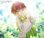  1boy azusawa_mito brown_hair clock_over_orquesta coat earrings glasses green_eyes green_shirt greenhouse highres jewelry long_sleeves looking_at_viewer male_child male_focus open_mouth plant sazanami_misa shirt short_hair single_earring solo white_coat 