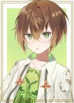  1boy absurdres azusawa_mito blush border brown_border brown_hair clock_over_orquesta coat glasses green_background green_eyes green_shirt highres light_brown_hair looking_at_viewer male_child male_focus multicolored_background multicolored_hair open_mouth shirt short_hair solo white_background white_coat zorimu 