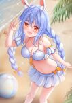 1girl :d absurdres animal_ear_fluff animal_ears ball bangs bare_shoulders beach beachball bikini blue_bikini blue_hair braid breasts cleavage collarbone commentary_request day eyebrows_hidden_by_hair feet_out_of_frame hair_between_eyes hand_up highres hololive long_hair low_twintails medium_breasts multicolored_hair navel nezumi_(09261377) outdoors palm_tree rabbit_ears red_eyes sand short_eyebrows smile solo standing swimsuit thick_eyebrows tree twin_braids twintails two-tone_hair usada_pekora v very_long_hair virtual_youtuber water white_hair 