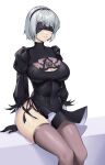  1girl arrow_(symbol) black_blindfold black_gloves black_hairband blindfold bob_cut breasts cleavage cleavage_cutout clothing_cutout commentary damodar dress feather-trimmed_sleeves gloves hairband juliet_sleeves large_breasts long_sleeves mole mole_under_mouth nier_(series) nier_automata parted_lips puffy_sleeves short_dress short_hair side_slit sitting skin_tight skindentation solo taut_clothes taut_dress thighhighs thighs white_background white_hair yorha_no._2_type_b 