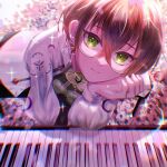  1boy absurdres androgynous azusawa_mito brown_hair clock_over_orquesta closed_mouth earrings glasses green_eyes head_rest highres instrument jewelry looking_at_viewer male_child male_focus piano shade_(pixiv76516821) short_hair smile solo 