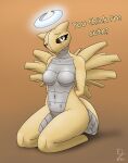  absurd_res anthro arthropod_abdomen black_sclera blush breasts el_zeta eyelashes female generation_3_pokemon grey_body halo hi_res nintendo pokemon pokemon_(species) shedinja solo text white_eyes yellow_body 