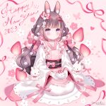  1girl 2023 animal animal_ear_fluff animal_ears apron bangs black_hair blush chinese_zodiac closed_mouth commentary_request doily flower food fruit happy_new_year highres holding holding_plate japanese_clothes kimono long_hair looking_at_viewer multicolored_hair obi original pink_apron pink_background plate purple_eyes purple_hair rabbit rabbit_ears sash seiza simple_background sitting solo strawberry two-tone_hair very_long_hair wasabi_(sekai) white_flower white_kimono year_of_the_rabbit 