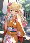  1girl :o bangs blonde_hair blurry blurry_background blush bottle commentary_request day depth_of_field double_bun flower gradient_hair green_eyes hair_between_eyes hair_bun hair_flower hair_ornament holding holding_bottle hololive japanese_clothes kimono long_hair long_sleeves looking_at_viewer momoshiki_tsubaki momosuzu_nene multicolored_hair nail_polish obi on_railing orange_kimono outdoors parted_lips purple_flower ramune red_flower red_hair red_nails sash solo two_side_up very_long_hair virtual_youtuber water_bottle wide_sleeves 