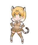  1girl animal_ears blonde_hair elbow_gloves extra_ears gloves highres kemono_friends kneehighs leopard_(yatterman) leopard_ears leopard_girl leopard_tail looking_at_viewer necktie official_art shirt shoes short_hair skirt socks solo tail tongue transparent_background yellow_eyes yoshizaki_mine 