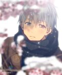  1boy bangs black_scarf blue_eyes blue_hair coat commentary_request flower hair_flower hair_ornament kuroko_no_basuke kuroko_tetsuya lapels male_focus mashima_shima open_mouth scarf short_hair solo twitter_username winter winter_clothes winter_coat 