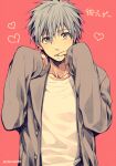  1boy bangs blue_hair buttons commentary_request hand_to_own_mouth heart jacket kuroko_no_basuke kuroko_tetsuya layered_clothes long_sleeves looking_at_viewer lower_teeth_only male_focus mashima_shima open_clothes open_jacket open_mouth pink_background shirt short_hair solo teeth twitter_username upper_body white_shirt 