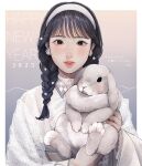  1girl 2023 black_eyes black_hair braid chinese_zodiac dress earrings fingernails flower_earrings hairband happy_new_year highres holding_bunny jewelry long_sleeves looking_at_viewer original rabbit smile solo tsunko_(9v2_q) white_dress white_hairband year_of_the_rabbit 