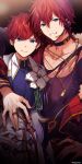  2boys aiguillette amagi_hiiro amagi_rinne arm_around_shoulder bangs black_collar black_shirt blue_eyes blue_shirt boutonniere brothers brown_background chain_necklace collar dress_shirt earpiece earrings ensemble_stars! flower fur-trimmed_jacket fur_trim gloves gradient_background hair_between_eyes hand_on_hip highres jacket jewelry looking_at_viewer male_focus multiple_boys multiple_rings necklace o-ring odayakao off_shoulder official_alternate_costume parted_lips pendant red_hair red_jacket ring shirt short_hair siblings single_earring smile swept_bangs torn_clothes torn_shirt triangle_earrings upper_body vest white_flower white_gloves white_jacket white_vest 