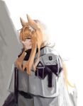  1girl absurdres alternate_costume animal_ear_fluff animal_ears arknights armor bangs blonde_hair cloak closed_mouth from_side grey_background highres horse_ears kingdom_of_kazimierz_logo kotcate long_hair nearl_(arknights) pauldrons plate_armor shoulder_armor solo upper_body white_background white_cloak yellow_eyes 
