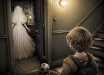  1boy 1girl backpack bag ball bridal_veil carpet child commentary_request covered_face desk_lamp door dress from_behind ghost gloves highres horror_(theme) indoors kobone_awaki lamp light_brown_hair light_particles male_child original painting_(object) photo_(object) soccer_ball stairs sweater veil wedding_dress white_dress white_gloves wooden_floor 