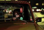  1girl black_hair car city driving green_eyes ground_vehicle kuroki_tomoko kurokimoko long_hair messy_hair motor_vehicle night outdoors right-hand_drive scene_reference solo steering_wheel taxi taxi_driver watashi_ga_motenai_no_wa_dou_kangaetemo_omaera_ga_warui! 