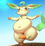  ambiguous_gender belly big_belly bodily_fluids eeveelution feral generation_4_pokemon hi_res leafeon looking_down navel nintendo pokemon pokemon_(species) solo sweat thick_thighs unknown_artist 