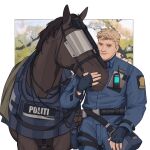  1boy animal bag blonde_hair blue_gloves blue_jacket blue_pants closed_mouth fingerless_gloves gloves highres horse jacket male_focus nez overwatch overwatch_1 pants police police_uniform policeman short_hair smile soldier:_76_(overwatch) uniform walkie-talkie 