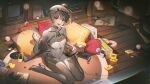  1girl absurdres bodysuit breasts brown_hair cd cushion dvd_(object) hair_ornament handheld_game_console highres holding holding_handheld_game_console long_hair mechanical_legs monitor nanami_(punishing:_gray_raven) open_mouth orange_eyes punishing:_gray_raven rubber_duck side_ponytail small_breasts stuffed_animal stuffed_toy teddy_bear teeth upper_teeth_only white_bodysuit yanderenasa 