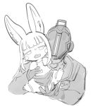  1boy 1girl absurdres animal_ears black_gloves bondrewd furry furry_female gloves greyscale highres holding made_in_abyss mask monochrome nanachi_(made_in_abyss) open_mouth size_difference sweat tory_(tory29) 