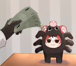  1boy 1girl animal_ears bandages black_gloves black_hair bug chibi commentary english_commentary glasses gloves hakos_baelz halloween_baelz head_bump highres holding holding_money hololive hololive_english holostars holostars_english long_sleeves money mouse mouse_ears mouse_girl mousetrap multicolored_hair noir_vesper red_hair shuuzo3 spider streaked_hair table tears virtual_youtuber white_hair 