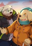  absurd_res anthro bear bird_dog blush canid canine canis cigarette clothing cu_sith_(tas) domestic_dog duo eyewear fur glasses golden_retriever hair hi_res hunting_dog jacket leib_(tas) lifewonders male male/male mammal nazebesu_hobby overweight polar_bear ponytail retriever scarf smoking tokyo_afterschool_summoners topwear ursine white_body white_fur yellow_body yellow_fur 