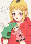  2girls blonde_hair chainsaw_man chinbigobrr hand_puppet higashiyama_kobeni highres hood hoodie looking_at_object looking_down multiple_girls open_mouth puppet red_eyes red_hoodie roots_(hair) sawatari_akane_(chainsaw_man) short_hair simple_background slit_pupils snake upper_body white_background 