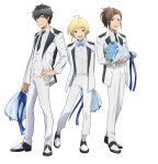  3boys ahoge arms_behind_back beit_(idolmaster) black_hair black_necktie blue_eyes blue_flower brown_hair buttons flower formal full_body holding holding_flower idolmaster idolmaster_side-m multiple_boys necktie official_art open_mouth pierre_bichelberger smile suit takajo_kyoji transparent_background watanabe_minori 