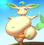  ambiguous_gender belly big_belly blush bodily_fluids eeveelution feral generation_4_pokemon hi_res hyper hyper_belly leafeon looking_down navel nintendo obese overweight pokemon pokemon_(species) solo sweat thick_thighs unknown_artist 