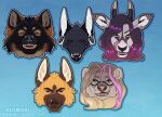  anthro artist_name black_body black_fur black_nose black_sclera blonde_hair blue_background blue_eyes brown_body brown_eyes brown_fur brown_nose canid ear_piercing ear_ring ear_stud facial_piercing facial_scar fangs felid female front_view fur gauged_ear glistening glistening_hair grey_body grey_fur grey_hair grey_nose hair headshot_portrait lip_piercing lip_stud looking_at_viewer male mammal multicolored_hair multiple_images nose_piercing nose_ring open_mouth orange_eyes piercing pink_hair pink_nose portrait rayliicious ring_piercing scar septum_piercing septum_ring simple_background solo stud_piercing teeth yellow_eyes 