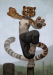  anthro balancing big_hands bottomwear breasts claws clothed clothing dreamworks felid female fog foot_wraps fur hi_res honovy kung_fu_panda mammal master_tigress nipples on_one_leg orange_body orange_fur outside pantherine pants pose small_breasts solo standing striped_body striped_fur stripes tiger topless whiskers wraps 