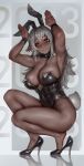  1girl 2023 absurdres animal_ears armpits arms_up bangs bare_arms bare_legs bare_shoulders biceps black_footwear black_leotard breasts bunny_pose chinese_zodiac cleavage covered_navel dark-skinned_female dark_elf dark_skin detached_collar elf english_commentary fake_animal_ears fake_tail from_side full_body high_heels highleg highleg_leotard highres large_breasts legs leotard long_hair long_pointy_ears looking_at_viewer numanoan original parted_lips playboy_bunny pointy_ears rabbit_ears rabbit_tail reflective_floor shiny_skin sidelocks solo squatting strapless strapless_leotard tail thick_eyebrows very_dark_skin white_hair wrist_cuffs year_of_the_rabbit yellow_eyes 