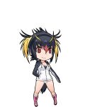  1girl black_hair blonde_hair boots breasts cleavage closed_mouth headphones highres hood hoodie kemono_friends leotard looking_at_viewer multicolored_hair official_art penguin_girl penguin_tail red_eyes rockhopper_penguin_(kemono_friends) short_hair socks solo tail transparent_background yoshizaki_mine 