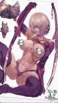  1girl abs bare_shoulders breasts censored collarbone cropped elbow_gloves gloves grey_eyes hair_over_one_eye highres holding holding_sword holding_weapon katana knee_up large_breasts looking_at_viewer mechanical_arms navel nier_(series) nier_automata nude parkjinsuky purple_thighhighs short_hair single_mechanical_arm sitting solo sword thighhighs toned unfinished weapon white_hair yorha_type_a_no._2 