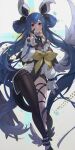  1girl animal_on_hand asymmetrical_legwear bare_shoulders blue_hair bow dated detached_sleeves dizzy_(guilty_gear) feathered_wings guilty_gear hair_bow hair_ornament highres long_hair long_sleeves open_mouth parted_lips rabbit red_eyes sleeves_past_wrists strap thigh_strap twintails twitter_username very_long_hair wings youmicitrustea 