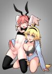  1boy 1girl absurdres animal_ears arm_support arms_up assertive_female astolfo_(fate) black_hairband black_thighhighs blonde_hair braid braided_ponytail breasts bright_pupils cleavage collarbone fake_animal_ears fang fate/apocrypha fate_(series) frenchthenhen grey_background grey_eyes hairband handjob hetero highres hood hood_down jeanne_d&#039;arc_(fate) kneeling large_breasts navel open_mouth otoko_no_ko penis pink_hair rabbit_ears simple_background skin_fang smile testicles thighhighs uncensored white_pupils 