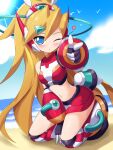  armor armored_boots blonde_hair blue_eyes blush boots breasts ciel_(mega_man) gloves highres long_hair mega_man_(series) mega_man_zero pointing ponytail red_skirt skirt small_breasts zerokun135 